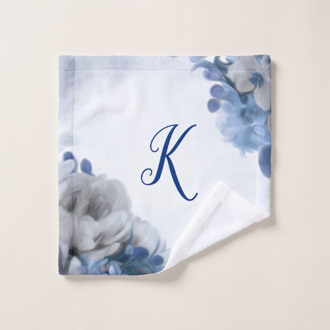 Peony Bouquet - Blue & Gray - Initial Washcloth (Wash Cloth)