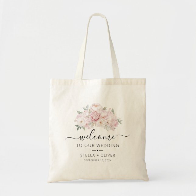 Peony Bouquet Greenery Wedding Welcome Tote Bag (Front)