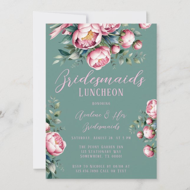 Peony Bouquet In Watercolor Bridesmaids Luncheon Invitation (Front)