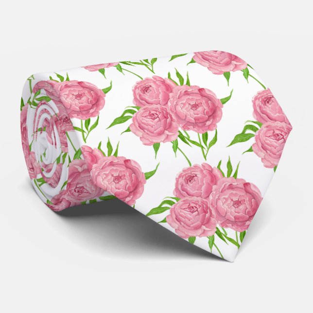 Peony bouquet watercolor pattern neck tie (Rolled)