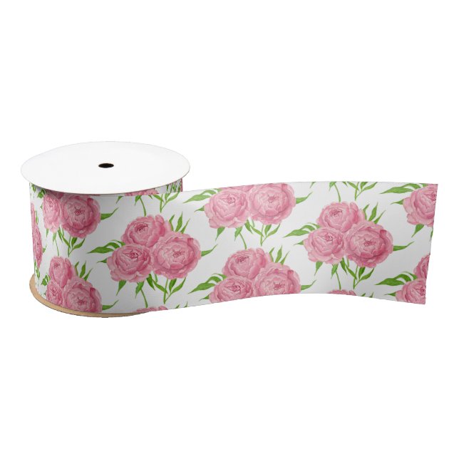 Peony bouquet watercolor pattern satin ribbon (Spool)