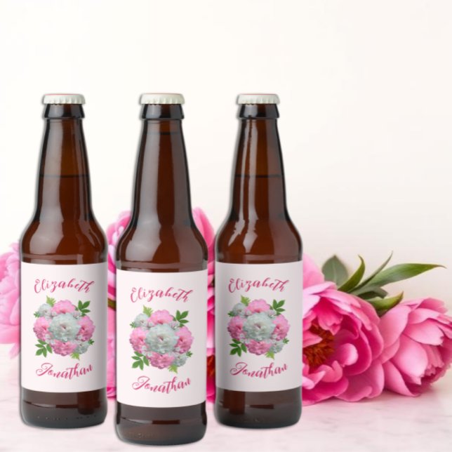 Peony Bouquet Wedding Beer Bottle Label (Creator Uploaded)