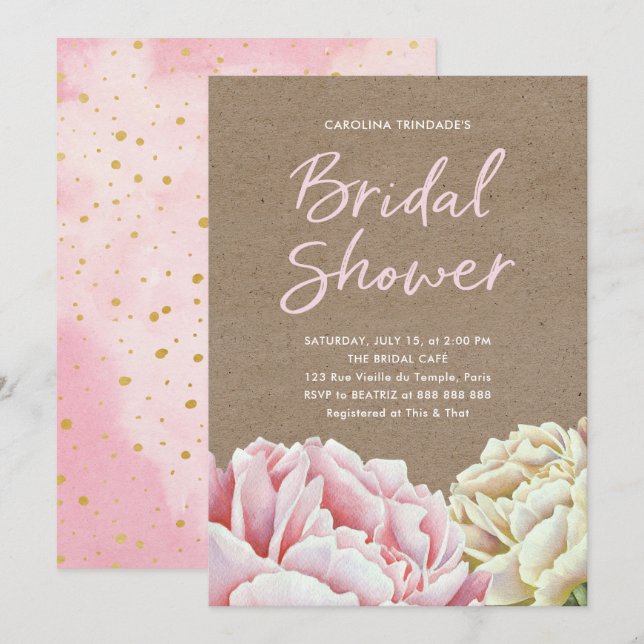 Peony Bridal Shower Blush Pink Paper Kraft Look Invitation (Front/Back)