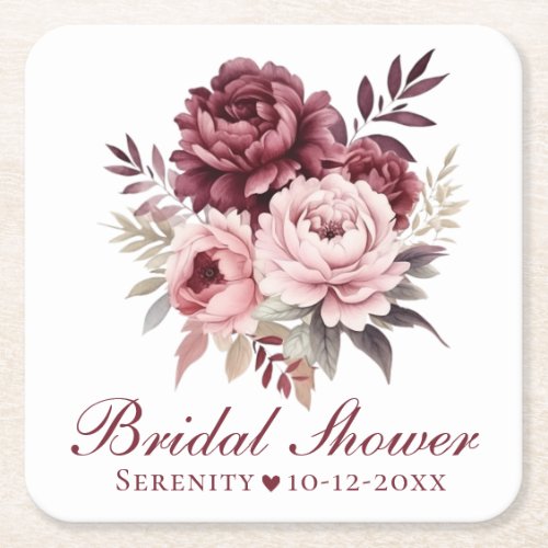 Peony Burgundy Watercolor Floral Bridal Shower Square Paper Coaster