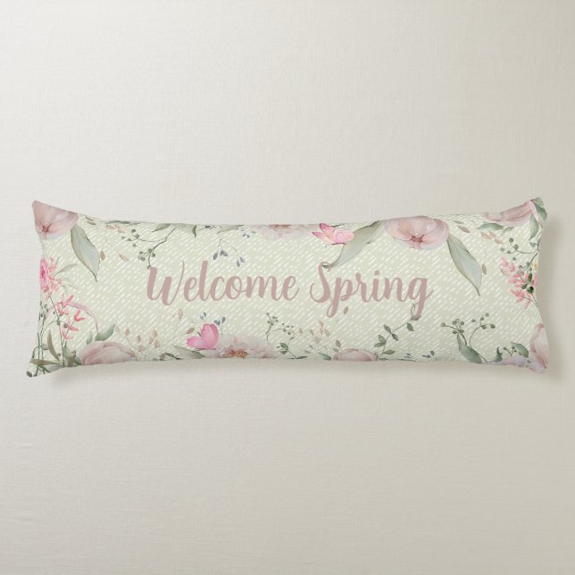 Peony & Butterflies Sage Green Welcome Spring Body Pillow (Front)