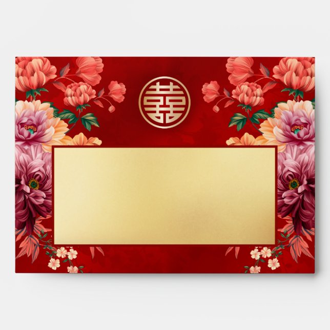 Peony Chinese Wedding Gold Red  Envelope (Front)