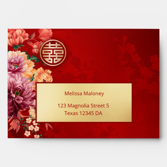 Peony Chinese Wedding Gold Red  Envelope (Front)
