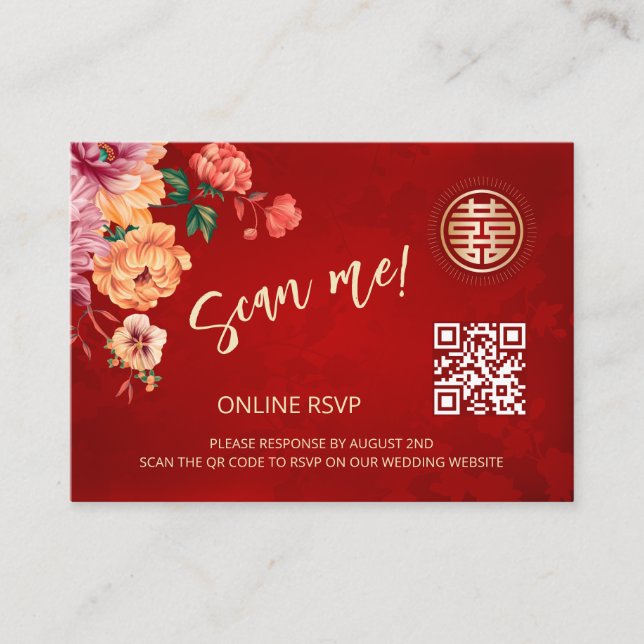 Peony Chinese Wedding QR Code RSVP Online Enclosure Card (Front)