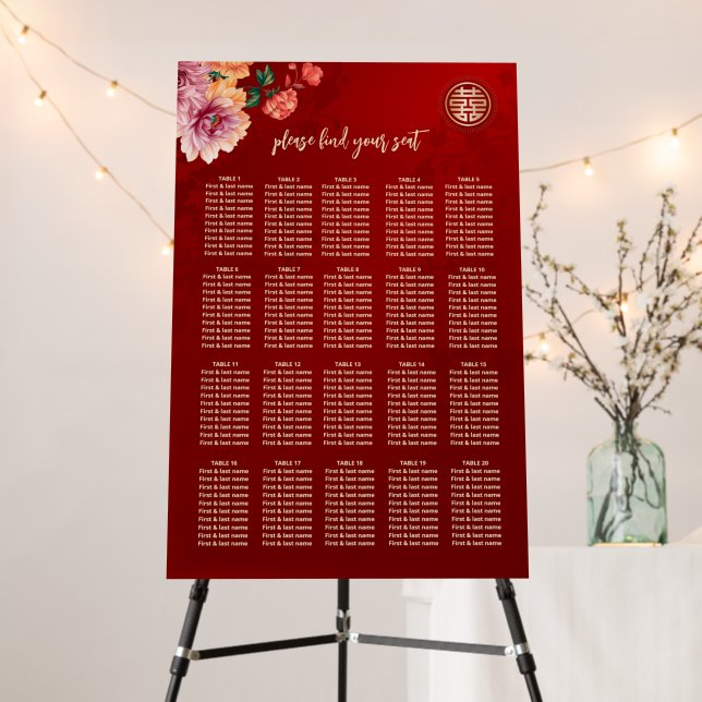 Peony Chinese Wedding Seating Chart Foam Board (In Situ (Stand))