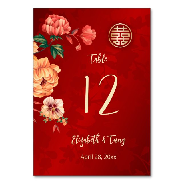 Peony Chinese Wedding Table Number (Back)