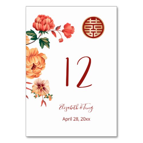 Peony Chinese Wedding Table Number