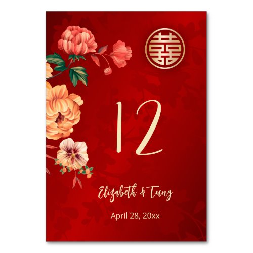 Peony Chinese Wedding Table Number