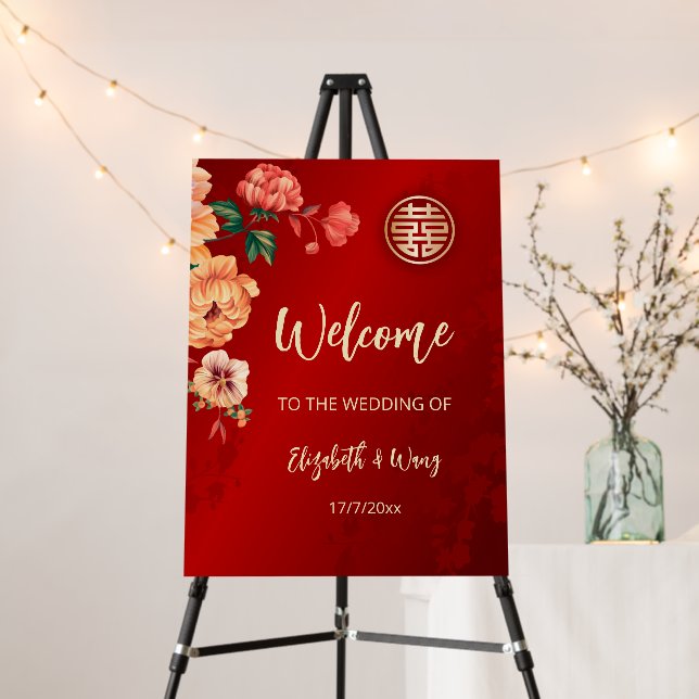 Peony Chinese Wedding Wedding Welcome Foam Board (In Situ (Stand))