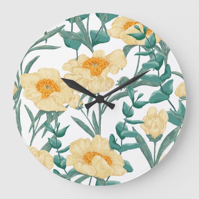 Peony Claire de Lune Plants Seamless Pattern. Large Clock (Front)