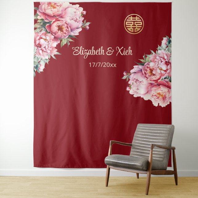Peony Cream Chinese Wedding Welcome Tapestry (In Situ)