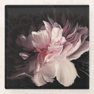 Peony Dark Wall: Painted Flower Design Glass Coaster