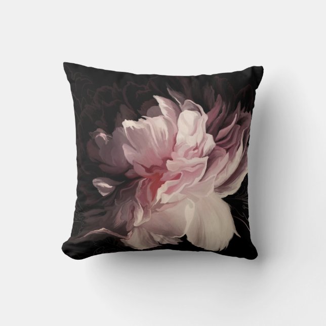 Peony Dark Wall: Painted Flower Design Throw Pillow (Front)