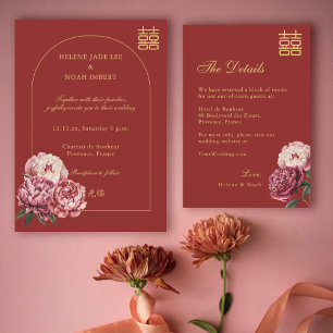 Peony Double Happiness Chinese Red Wedding Detail Invitation