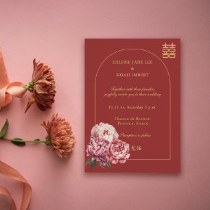 Peony Double Happiness Modern Chinese Red Wedding Invitation