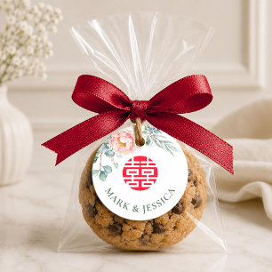Peony Double Happiness Wedding Round Favor Tags