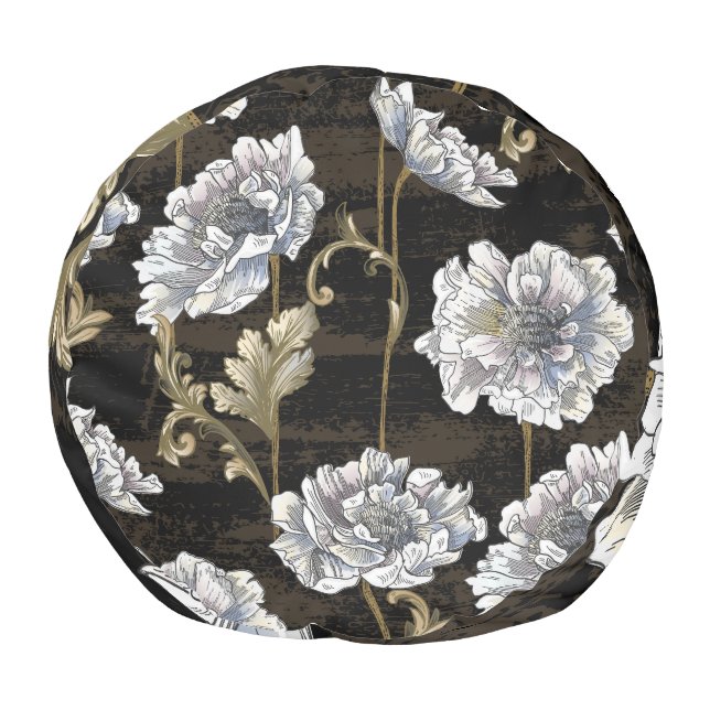 Peony Elegance: Baroque Gold Swirls Pouf (Bottom)