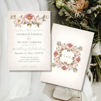Peony Elegant Floral Blush Pink Ivory Wedding Invitation by ModernStylePaperie at Zazzle