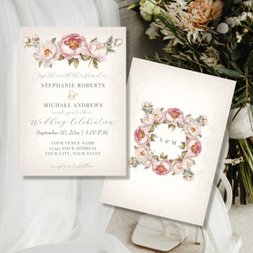 Peony Elegant Floral Blush Pink Ivory Wedding Invitation