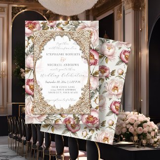 Peony Elegant Floral Gold w Pink and Cream Wedding Invitation