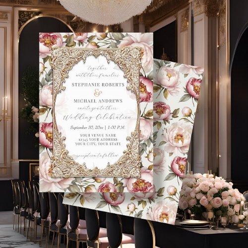 Peony Elegant Floral Gold w Pink and Cream Wedding Invitation