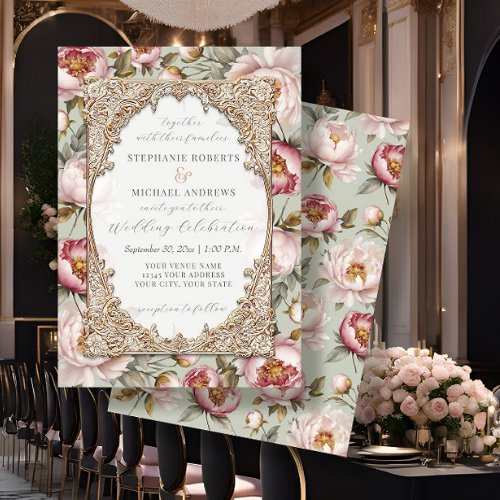 Peony Elegant Floral Gold w Pink and Sage Wedding Invitation