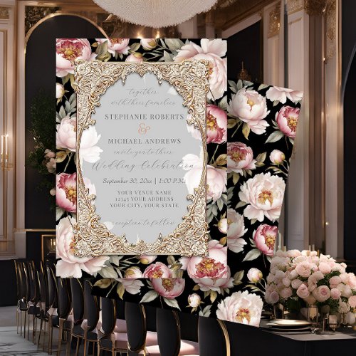 Peony Elegant Floral Gold w Pink n Black Wedding Invitation