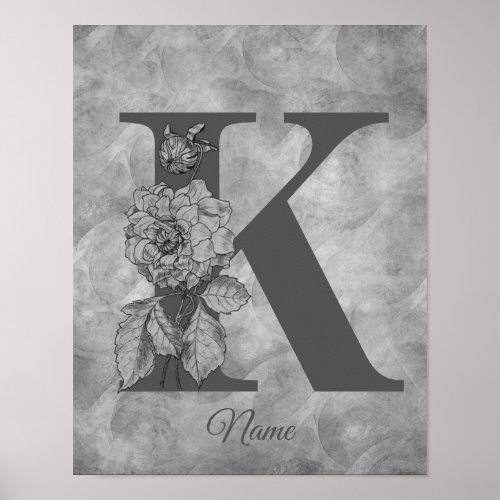 Peony Elegant Monogram Initial K Personalized Poster