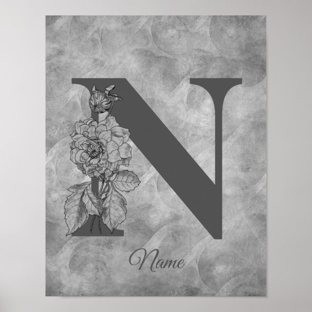 Peony Elegant Monogram Initial N Personalized Poster (Front)