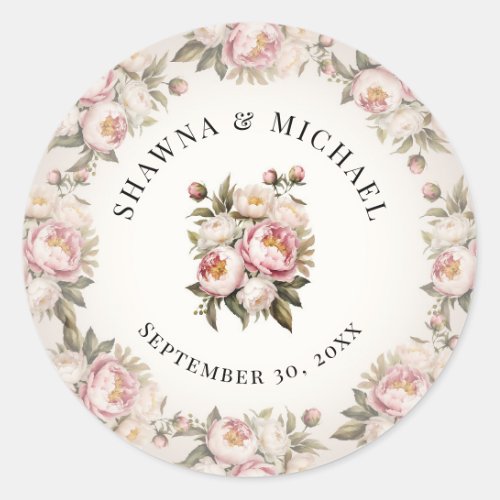 Peony Elegant Pink Floral Watercolor Wedding Classic Round Sticker