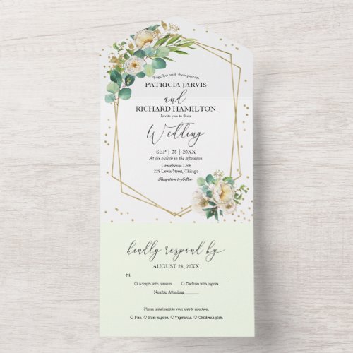 Peony Eucalyptus Floral Geometric Wedding  All In One Invitation