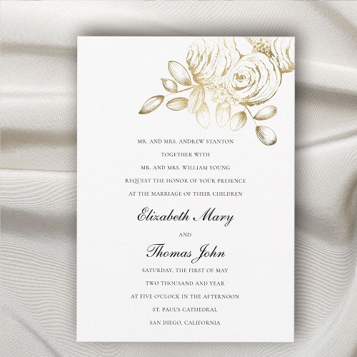 Peony Faux Gold Sketch Formal Traditional Wedding Invitation