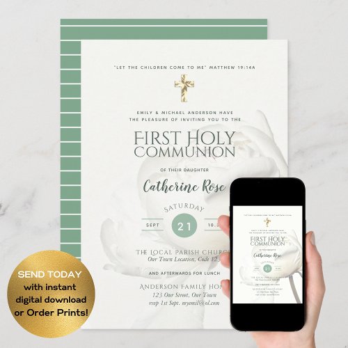 PEONY First Holy Communion Invite SAGE