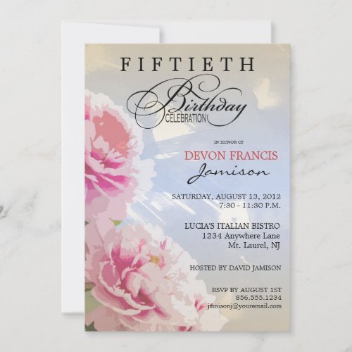 Peony Floral 50th Birthday Party Invitation Blue