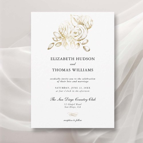 Peony Floral Art Sketch Faux Gold Classic Wedding Invitation