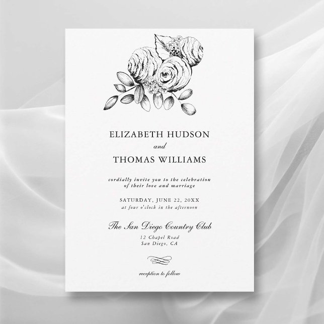 Peony Floral Art Sketch Modern Classic Wedding Invitation (peony wedding invitation modern classic formal  floral sketch black white elegant romantic)