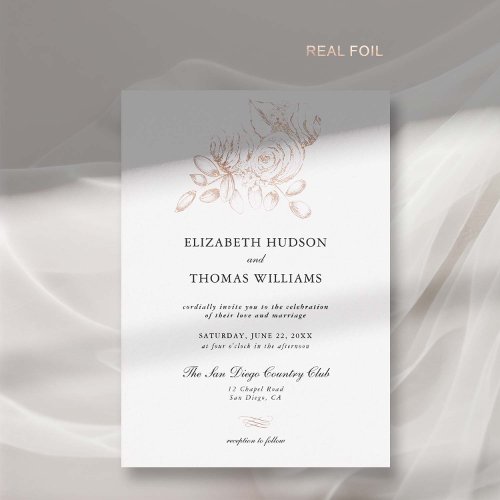 Peony Floral Art Sketch Rose Gold Classic Wedding Foil Invitation