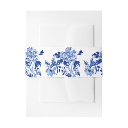 Peony Floral Asian Vintage Blue and White Bridal Invitation Belly Band