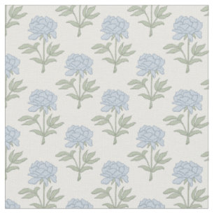 Peony Floral Block Print Cottage White Blue Green Fabric