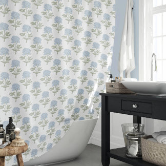 Peony Floral Block Print Cottage White Blue Green Shower Curtain