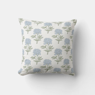 Peony Floral Block Print Cottage White Blue Green Throw Pillow
