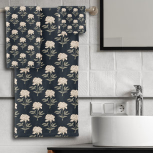 Peony Floral Block Print Vintage Botanical Dark Bath Towel Set