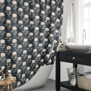 Peony Floral Block Print Vintage Botanical Dark Shower Curtain