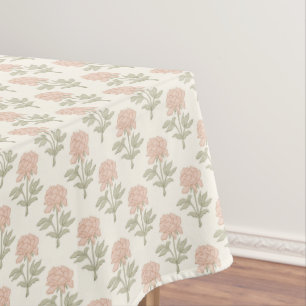 Peony Floral Block Print Vintage Cottage Soft Pink Tablecloth