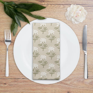 Peony Floral Block Print Vintage Mushroom Beige Cloth Napkin