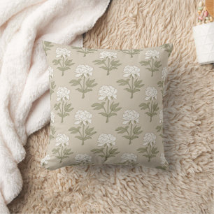 Peony Floral Block Print Vintage Mushroom Beige Throw Pillow